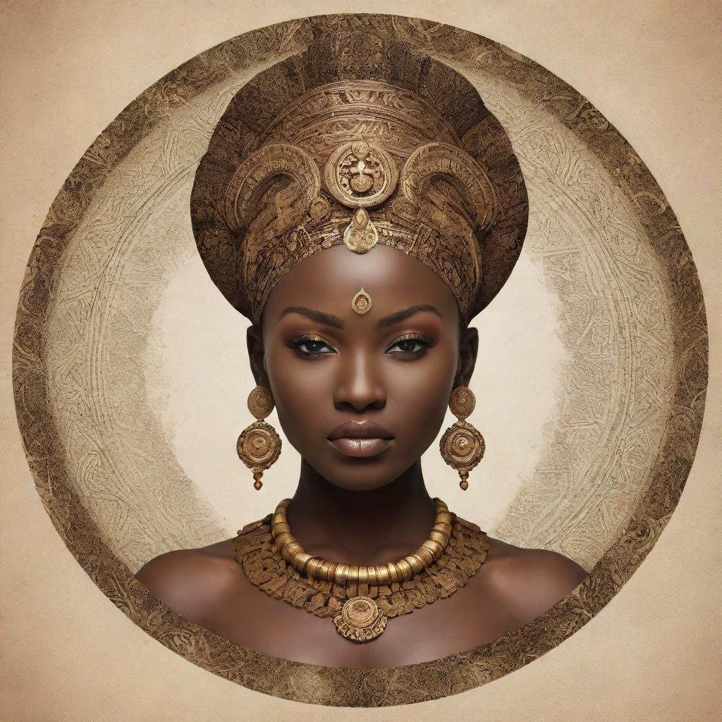 Create an image that beautifully embodies a fusion of Asian and Guinean African cultures, with symbols, architectural elements, and traditional designs representing each.