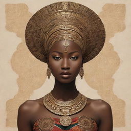 Create an image that beautifully embodies a fusion of Asian and Guinean African cultures, with symbols, architectural elements, and traditional designs representing each.