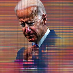 An unusual image of Joe Biden in a 'glitch' art style. His form is replicated, distorted and fragmented in a digital space, suggesting a simulation error or a surreal take on his persona.
