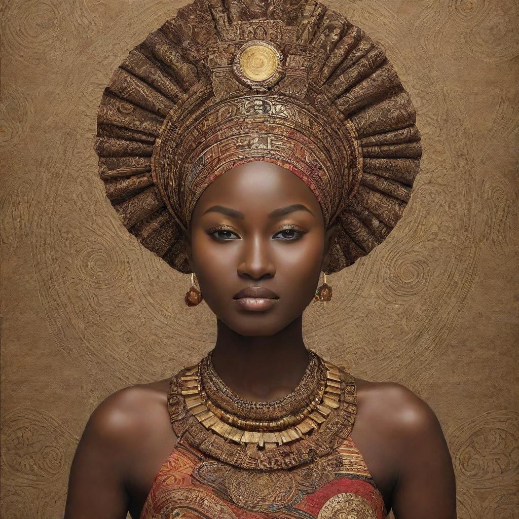 Create an image that beautifully embodies a fusion of Asian and Guinean African cultures, with symbols, architectural elements, and traditional designs representing each.