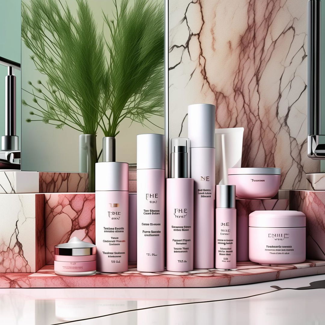 An advertisement for high-end skincare products, displayed elegantly on a marble bathroom countertop. The products include a facial cleanser, toner, moisturizer, and eye cream.