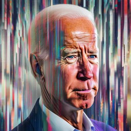 An unusual image of Joe Biden in a 'glitch' art style. His form is replicated, distorted and fragmented in a digital space, suggesting a simulation error or a surreal take on his persona.