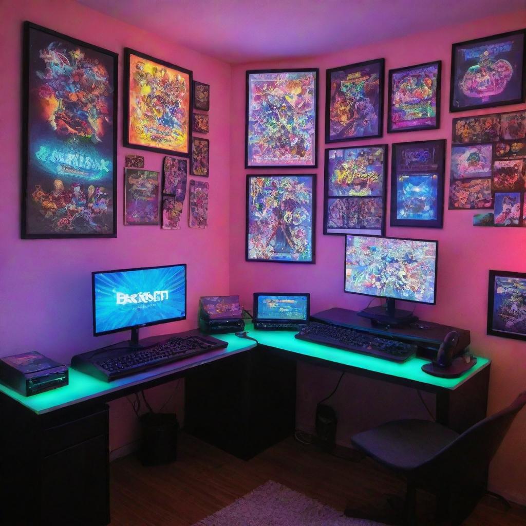 Revise the original gaming setup with brighter neon lighting, walls adorned with gaming and anime posters. Add in various gaming memorabilia arranged artistically.