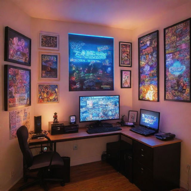 Revise the original gaming setup with brighter neon lighting, walls adorned with gaming and anime posters. Add in various gaming memorabilia arranged artistically.