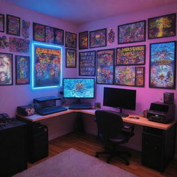 Revise the original gaming setup with brighter neon lighting, walls adorned with gaming and anime posters. Add in various gaming memorabilia arranged artistically.