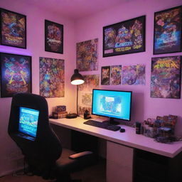 Revise the original gaming setup with brighter neon lighting, walls adorned with gaming and anime posters. Add in various gaming memorabilia arranged artistically.