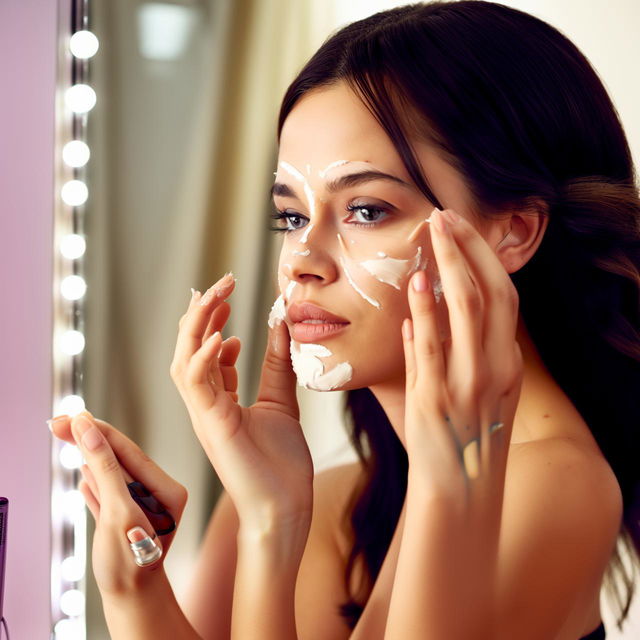 A stunning woman with radiant skin, gently applying skincare products to her face in front of a well-lit vanity mirror beneath soft, diffuse lighting.