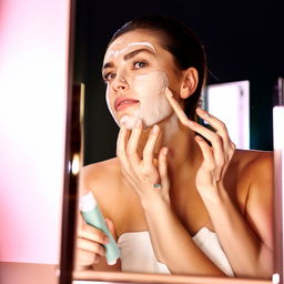 A stunning woman with radiant skin, gently applying skincare products to her face in front of a well-lit vanity mirror beneath soft, diffuse lighting.