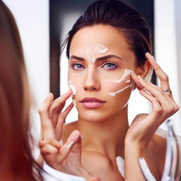 A strikingly beautiful woman with glowing skin, mindfully applying skincare products to her face, with emphasis on the serenity of the process and the luxury of the products.