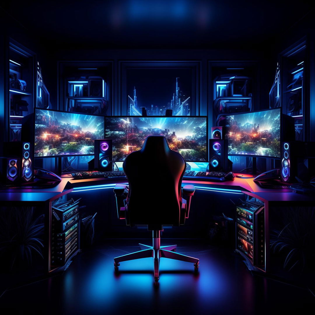 A superior gaming setup with high-performance gear, sleek monitors displaying high-definition gaming images, surround sound speakers, comfortable ergonomic chair, and an array of pulsating neon lights.