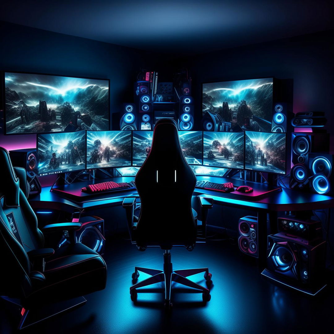 A superior gaming setup with high-performance gear, sleek monitors displaying high-definition gaming images, surround sound speakers, comfortable ergonomic chair, and an array of pulsating neon lights.