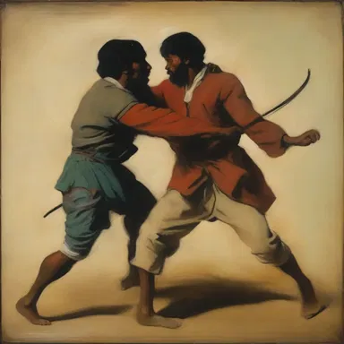 The painting depicts two individuals wrangling with each other, capturing the intensity of their quarrel.