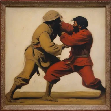 The painting depicts two individuals wrangling with each other, capturing the intensity of their quarrel.