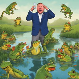 A humorous interpretation of Alex Jones' infamous quote. Depict Jones animatedly gesturing at a pond full of flamboyantly dressed, anthropomorphic frogs, who are nonchalantly sipping water.