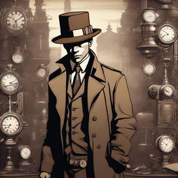 A digital art image of a human detective in a noir style, set in a steampunk universe