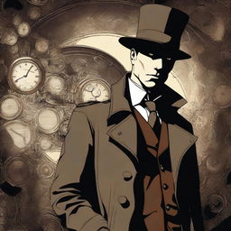 A digital art image of a human detective in a noir style, set in a steampunk universe
