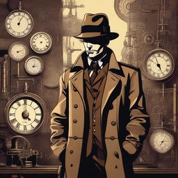 A digital art image of a human detective in a noir style, set in a steampunk universe