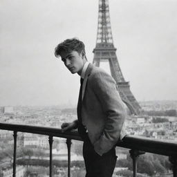 A young man on a balcony against the backdrop of the Eiffel Tower in Paris, looking off in the distance, presumably at a girl