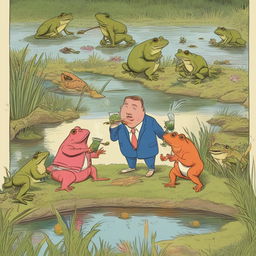 A humorous interpretation of Alex Jones' infamous quote. Depict Jones animatedly gesturing at a pond full of flamboyantly dressed, anthropomorphic frogs, who are nonchalantly sipping water.