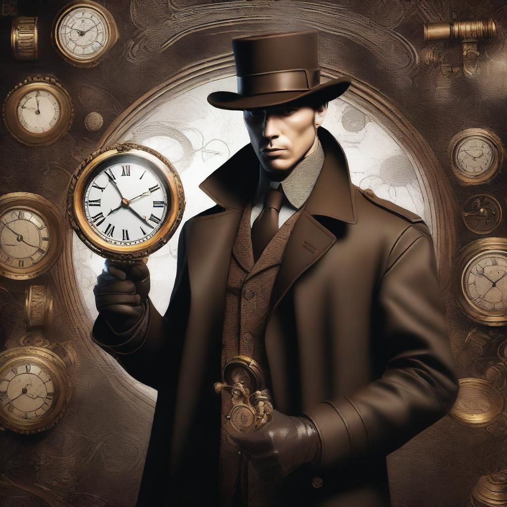 A hyper-realistic digital art image of a human detective, presented in a noir style within a steampunk universe