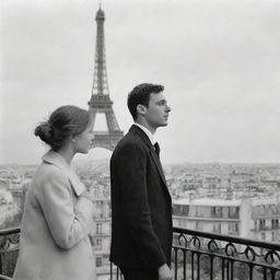 A young man on a balcony against the backdrop of the Eiffel Tower in Paris, looking off in the distance, presumably at a girl