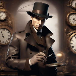 A hyper-realistic digital art image of a human detective, presented in a noir style within a steampunk universe