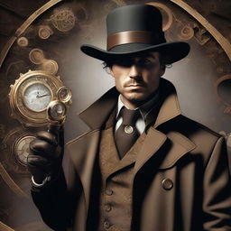 A hyper-realistic digital art image of a human detective, presented in a noir style within a steampunk universe