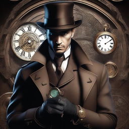 A hyper-realistic digital art image of a human detective, presented in a noir style within a steampunk universe