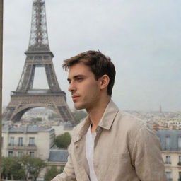 A young man on a balcony against the backdrop of the Eiffel Tower in Paris, looking off in the distance, presumably at a girl