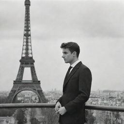 A young man on a balcony against the backdrop of the Eiffel Tower in Paris, looking off in the distance, presumably at a girl