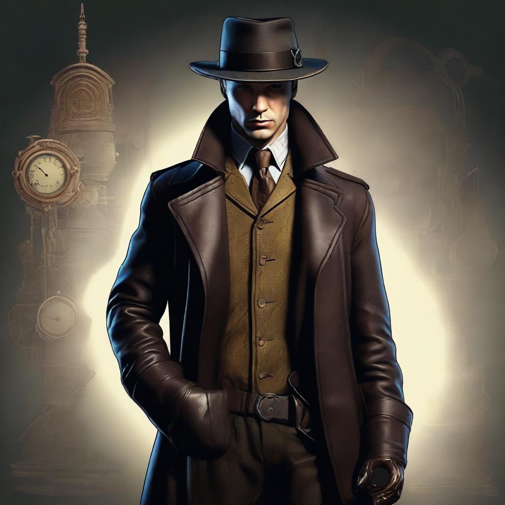 A full-body, hyper-realistic digital art image of a human detective, depicted in a noir style within a steampunk universe