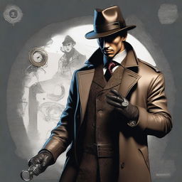 A full-body, hyper-realistic digital art image of a human detective, depicted in a noir style within a steampunk universe