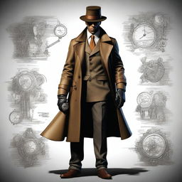 A full-body, hyper-realistic digital art image of a human detective, depicted in a noir style within a steampunk universe