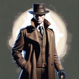 A full-body, hyper-realistic digital art image of a human detective, depicted in a noir style within a steampunk universe