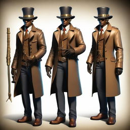 This is a full-body, hyper-realistic digital art depiction of a human detective, now presented in an Egyptian style within a steampunk universe