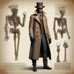 This is a full-body, hyper-realistic digital art depiction of a human detective, now presented in an Egyptian style within a steampunk universe