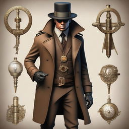This is a full-body, hyper-realistic digital art depiction of a human detective, now presented in an Egyptian style within a steampunk universe