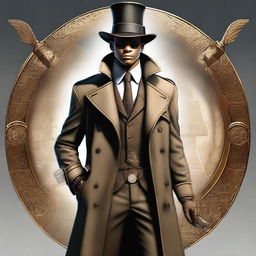 This is a full-body, hyper-realistic digital art depiction of a human detective, now presented in an Egyptian style within a steampunk universe