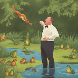 A humorous interpretation of Alex Jones' infamous quote. Depict Jones animatedly gesturing at a pond full of flamboyantly dressed, anthropomorphic frogs, who are nonchalantly sipping water.