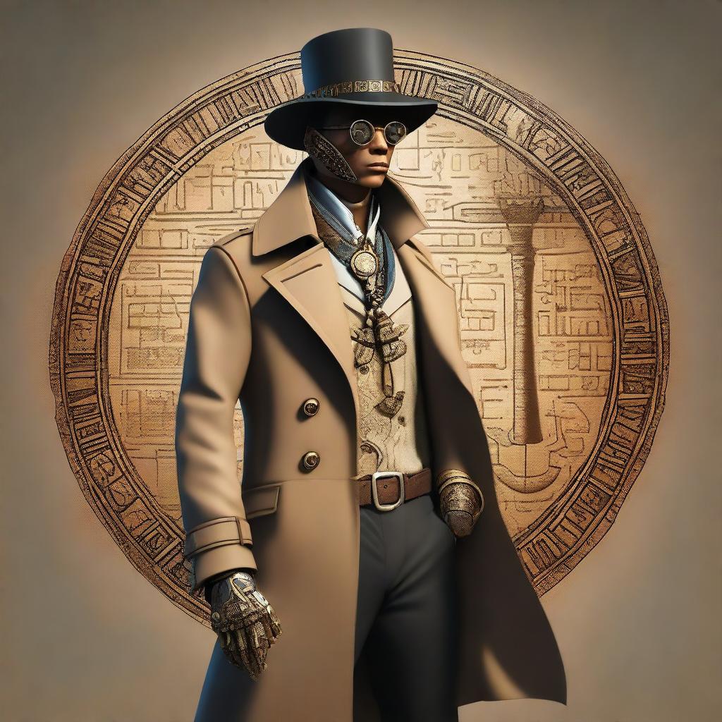This is a full-body, hyper-realistic digital art image of a human detective, now fully transformed into an Egyptian style within a steampunk universe