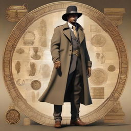 This is a full-body, hyper-realistic digital art image of a human detective, now fully transformed into an Egyptian style within a steampunk universe