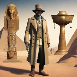 This is a full-body, hyper-realistic digital art image of a human detective, now fully transformed into an Egyptian style within a steampunk universe