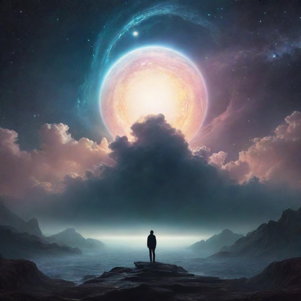 An atmospheric album cover, titled 'Next to You' and labeled 'God Child of the Universe', capturing the nostalgia of Phonk and the soothing ambiance of Ambient Wave genres. Visualize a celestial entity, like a child surrounded by cosmic elements over a dreamy landscape.