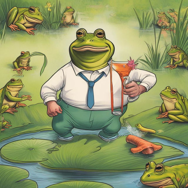 A humorous interpretation of Alex Jones' infamous quote. Depict Jones animatedly gesturing at a pond full of flamboyantly dressed, anthropomorphic frogs, who are nonchalantly sipping water.