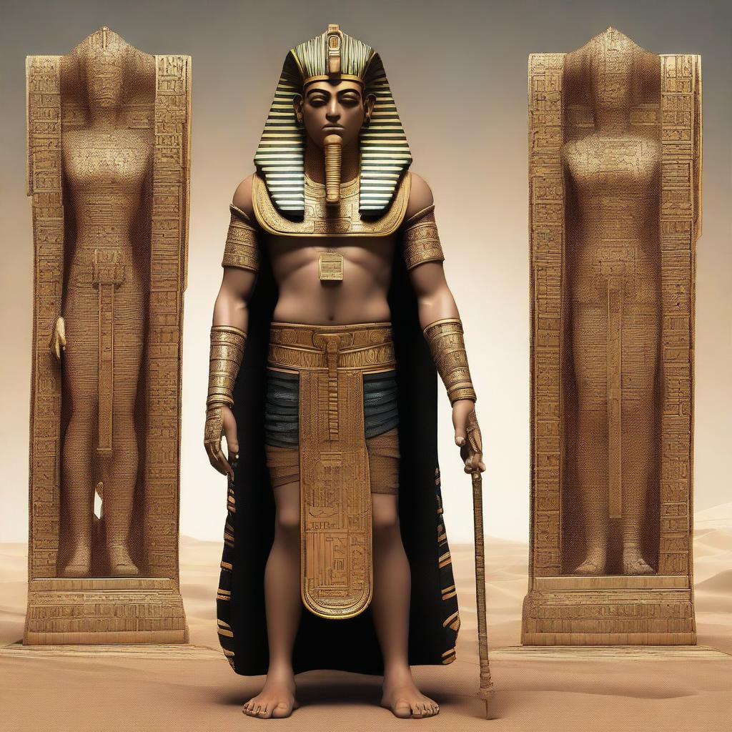 This is a full-body, hyper-realistic digital art image of a figure, now fully immersed in an Egyptian style
