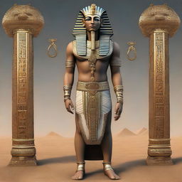 This is a full-body, hyper-realistic digital art image of a figure, now fully immersed in an Egyptian style