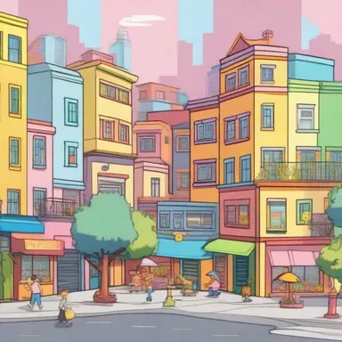 The animated series features a bustling populated area with colorful and whimsical buildings.