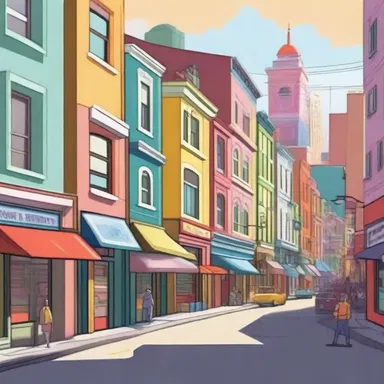 The animated series features a bustling populated area with colorful and whimsical buildings.