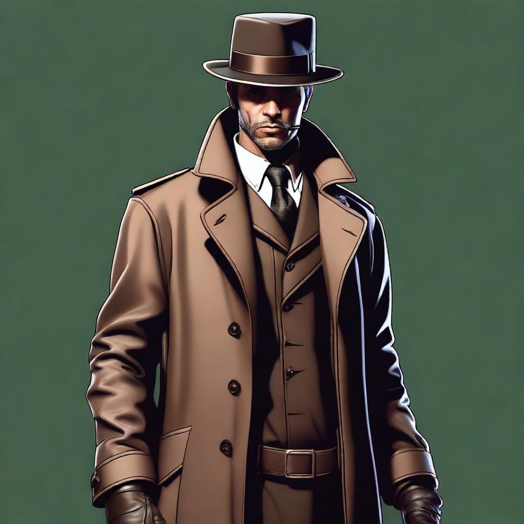 A full-body, hyper-realistic digital art image of a human detective, maintaining the noir style within a steampunk universe