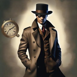 A full-body, hyper-realistic digital art image of a human detective, maintaining the noir style within a steampunk universe